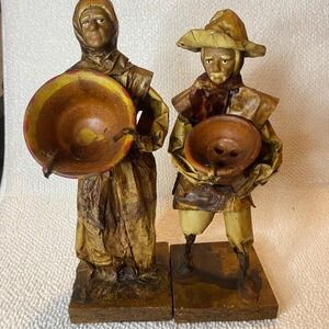 Vintage Mexican Paper Mache Figurines Couple Folk Art Figures Holding Bowls